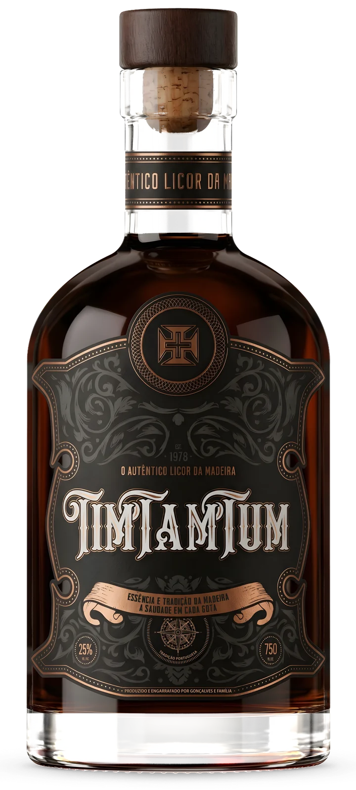 Bottle of Tim Tam Tum: dark liqueur, black label with bronze details, wooden and cork stopper.